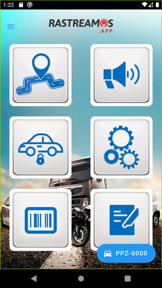 Menu do app Rastreamos: mapa, alertas, bloqueio e relatórios.